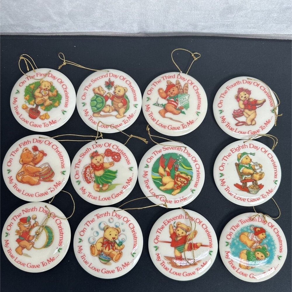 Vintage Gorham Christmas Traditions Twelve Bears Of Christmas Ornaments Set